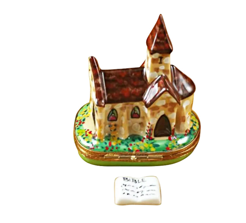 Church with Brown Roof & Removable Bible, a hand-painted Limoges porcelain gift