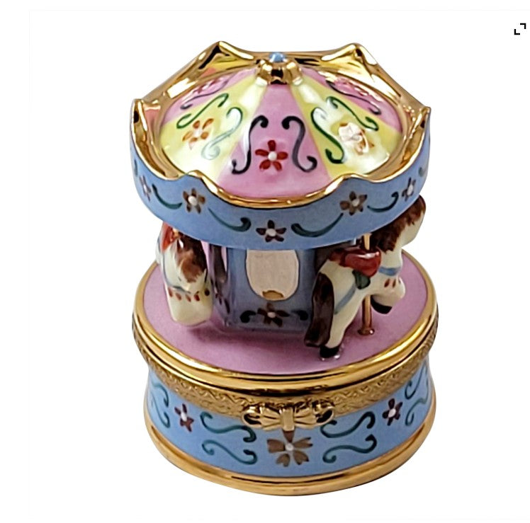 Blue Pink Carousel Limoges Box, a hand-painted Limoges porcelain gift