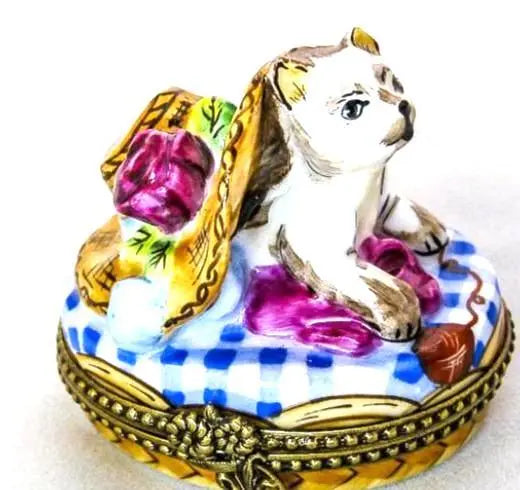 Cat 2 Bonnet Porcelain Limoges Porcelain Art Object for Cat Lovers, view 6