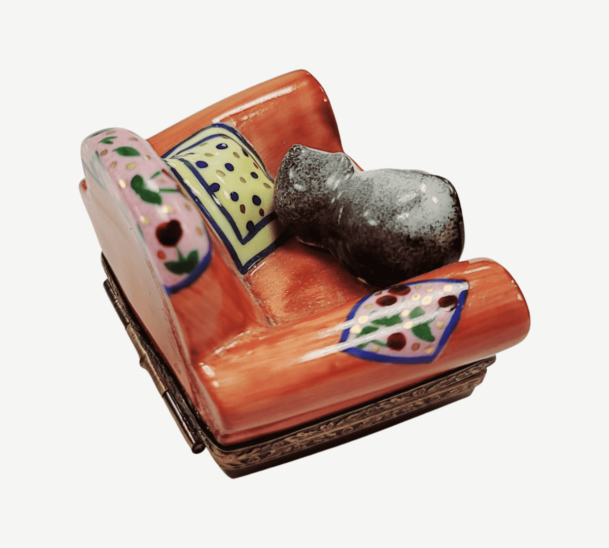 Treasured French collectible: Cat in Arm Chair Limoges box, painted by hand