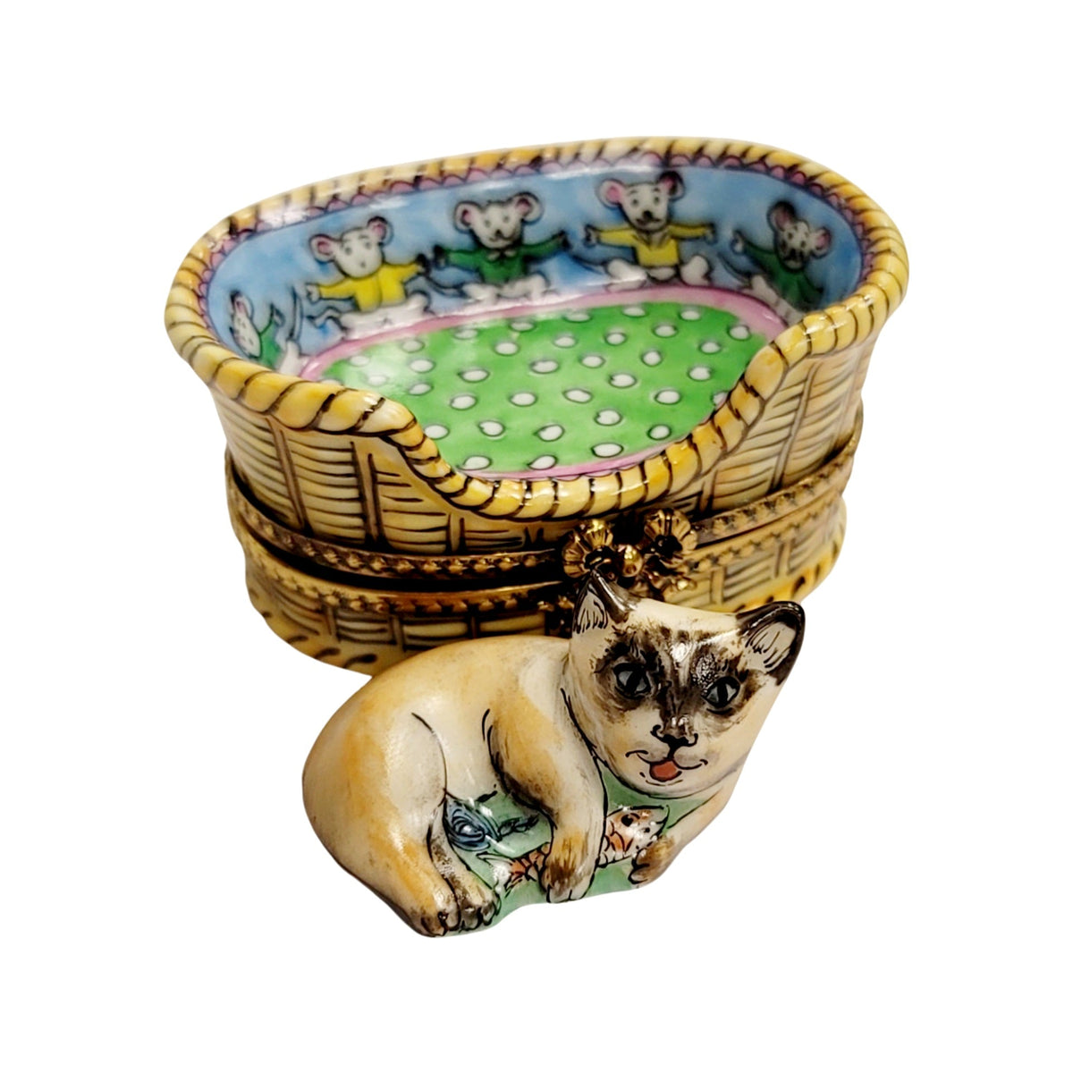 Hand-painted Cozy Cat in Basket Limoges box, French artistry for lovers of fine art