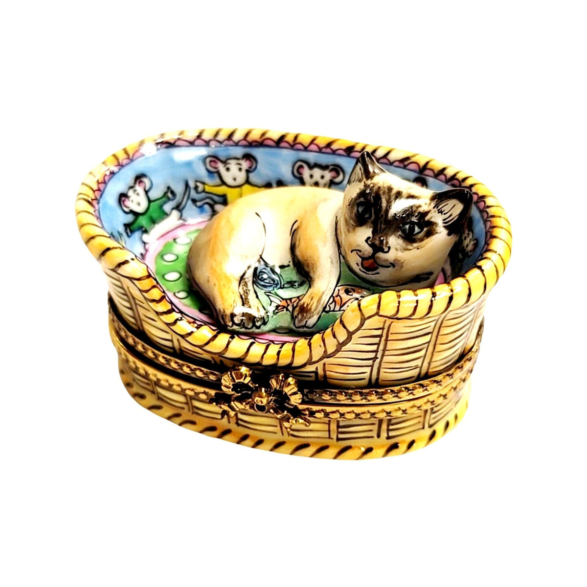 Genuine Cozy Cat in Basket Limoges box painted by hand in France, from Limoges Boutique
