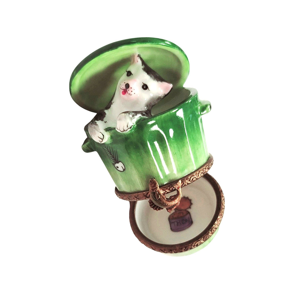 Fine French craftsmanship on the Cat in Green Trashcan Limoges box, painted by hand