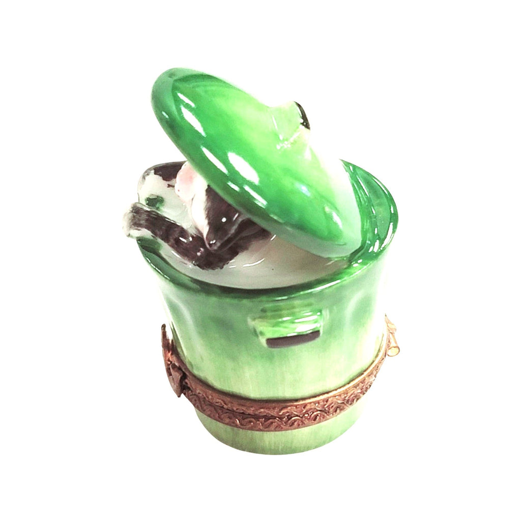 Painted details on the Cat in Green Trashcan Limoges box, French art in miniature