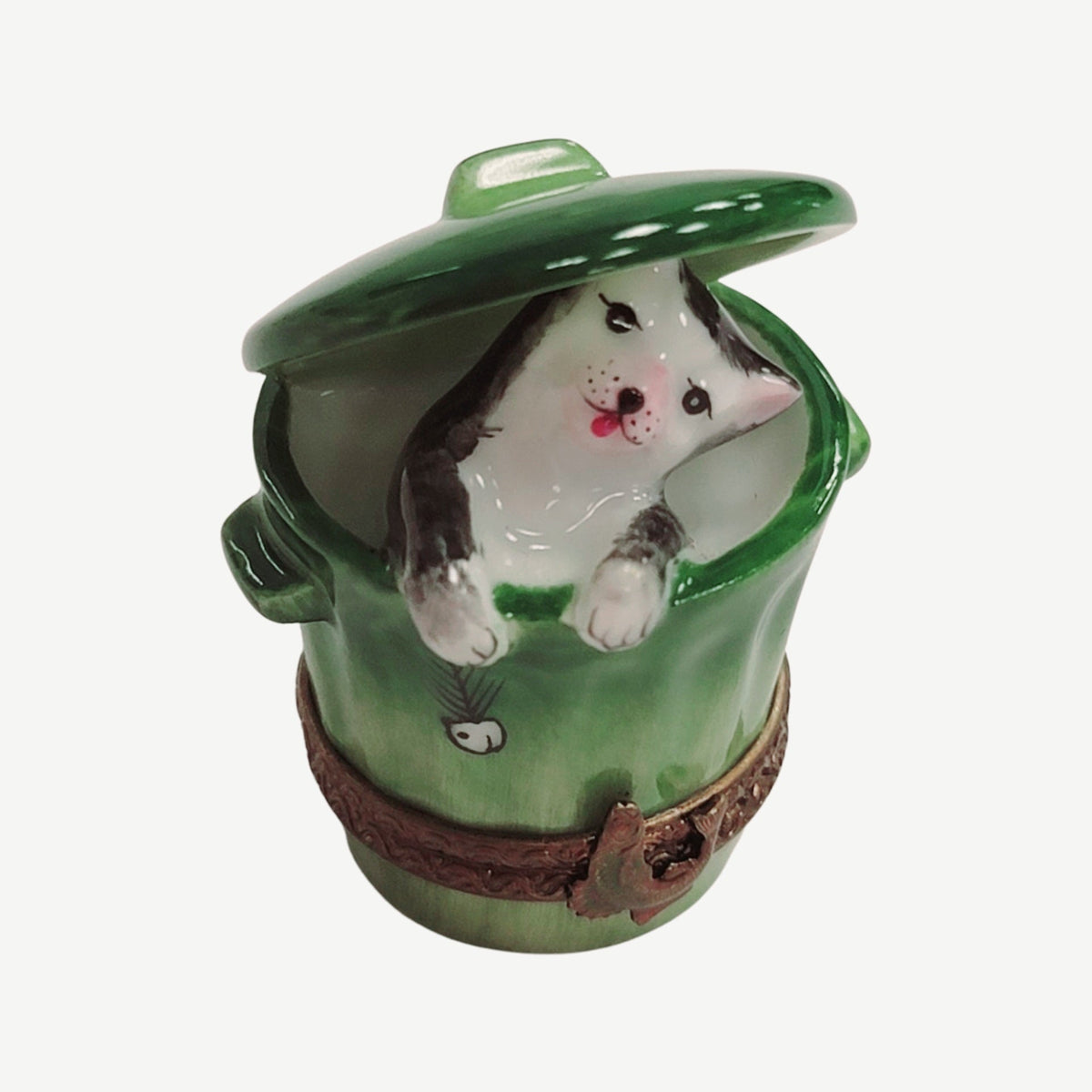 Artisan-painted Cat in Green Trashcan Limoges box from France, a cherished collectible