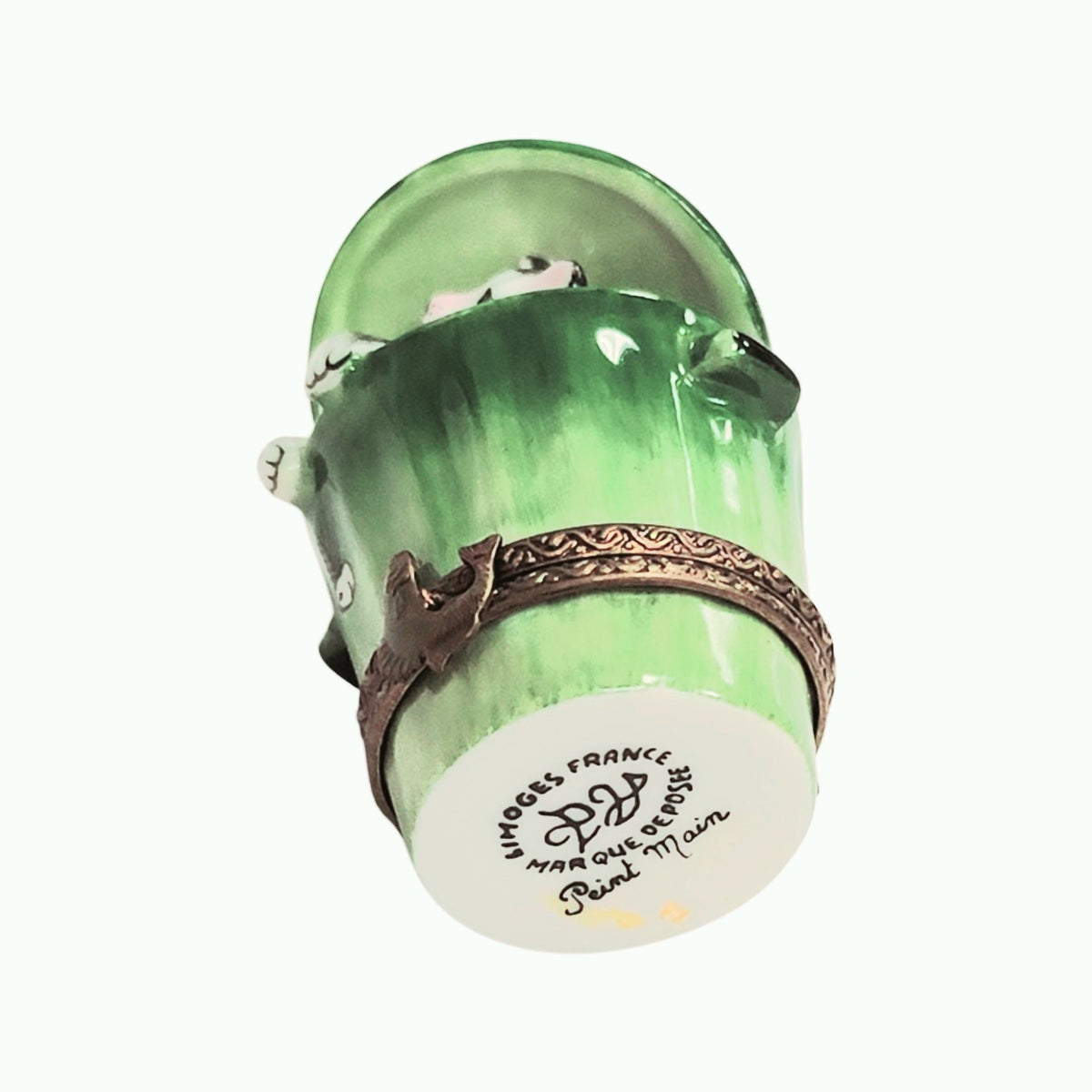 The painter's artistry shows on this Cat in Green Trashcan Limoges box
