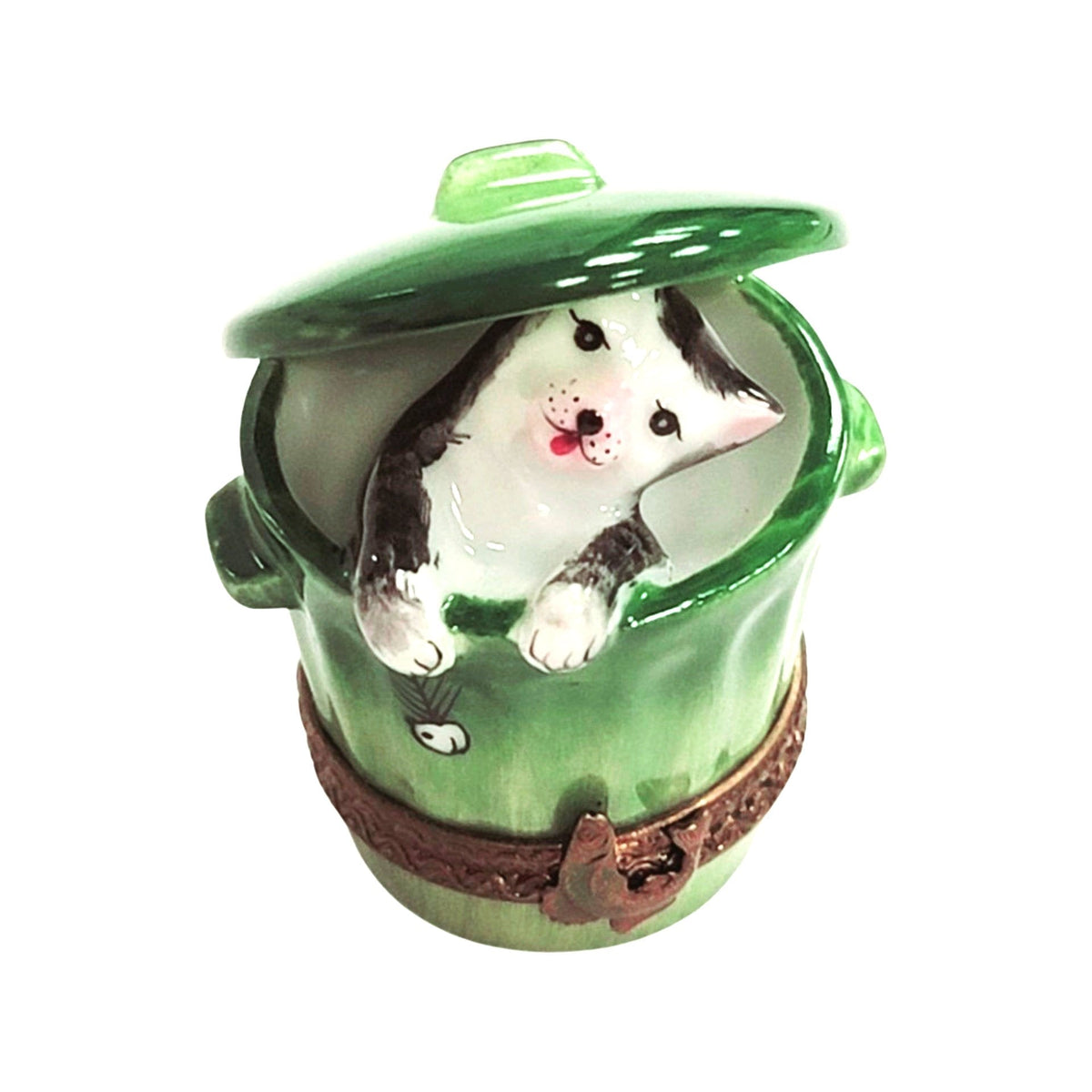 Authentic Cat in Green Trashcan Limoges box, hand-painted in France, from Limoges Boutique