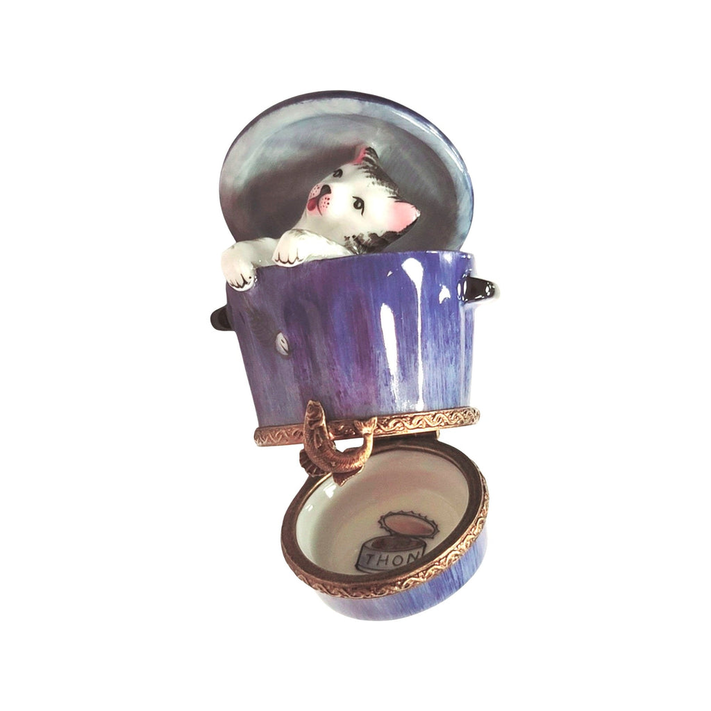 Cat in Blue Trashcan Limoges Box Figurine, view 2