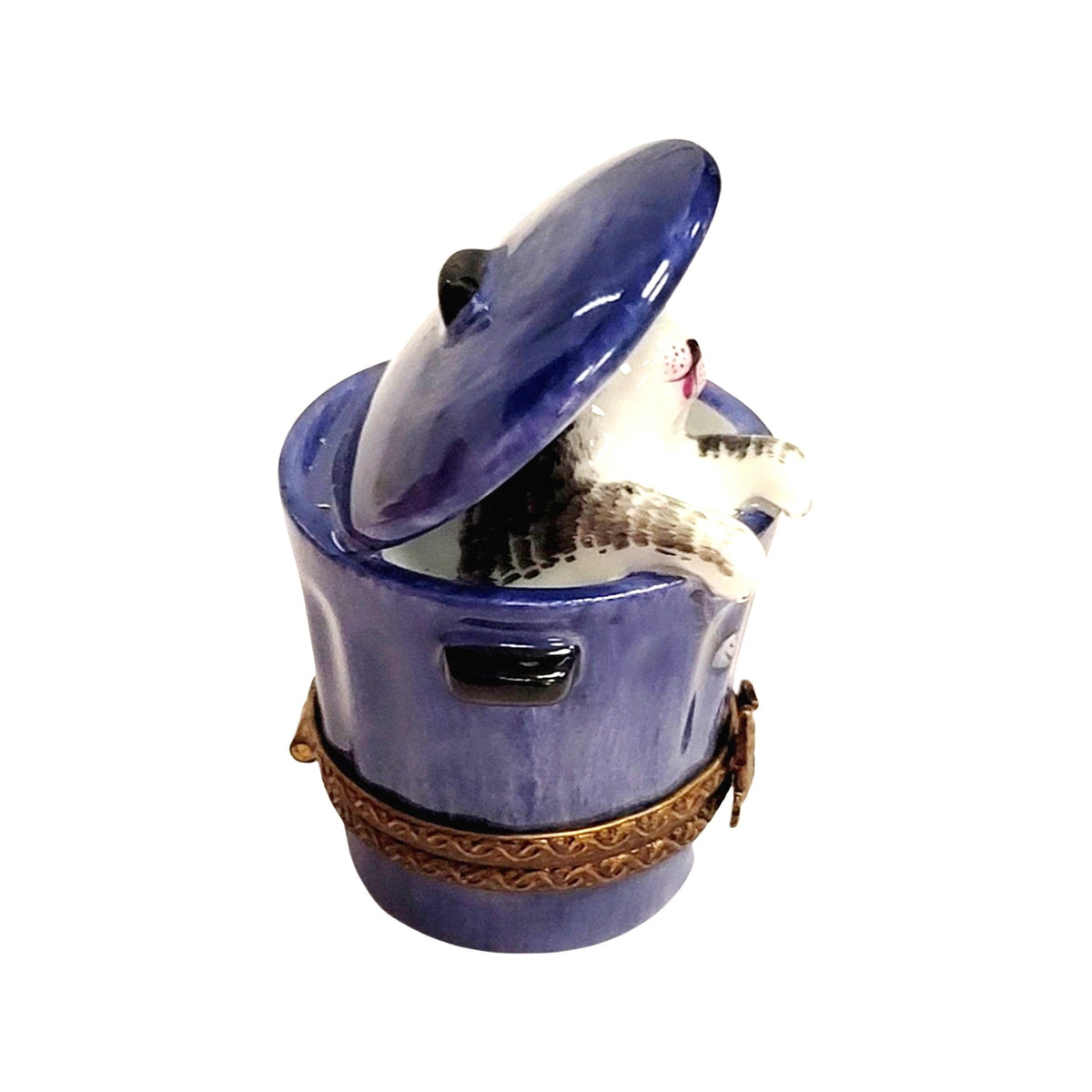 Every brushstroke by hand on the Cat in Blue Trashcan Limoges box from France