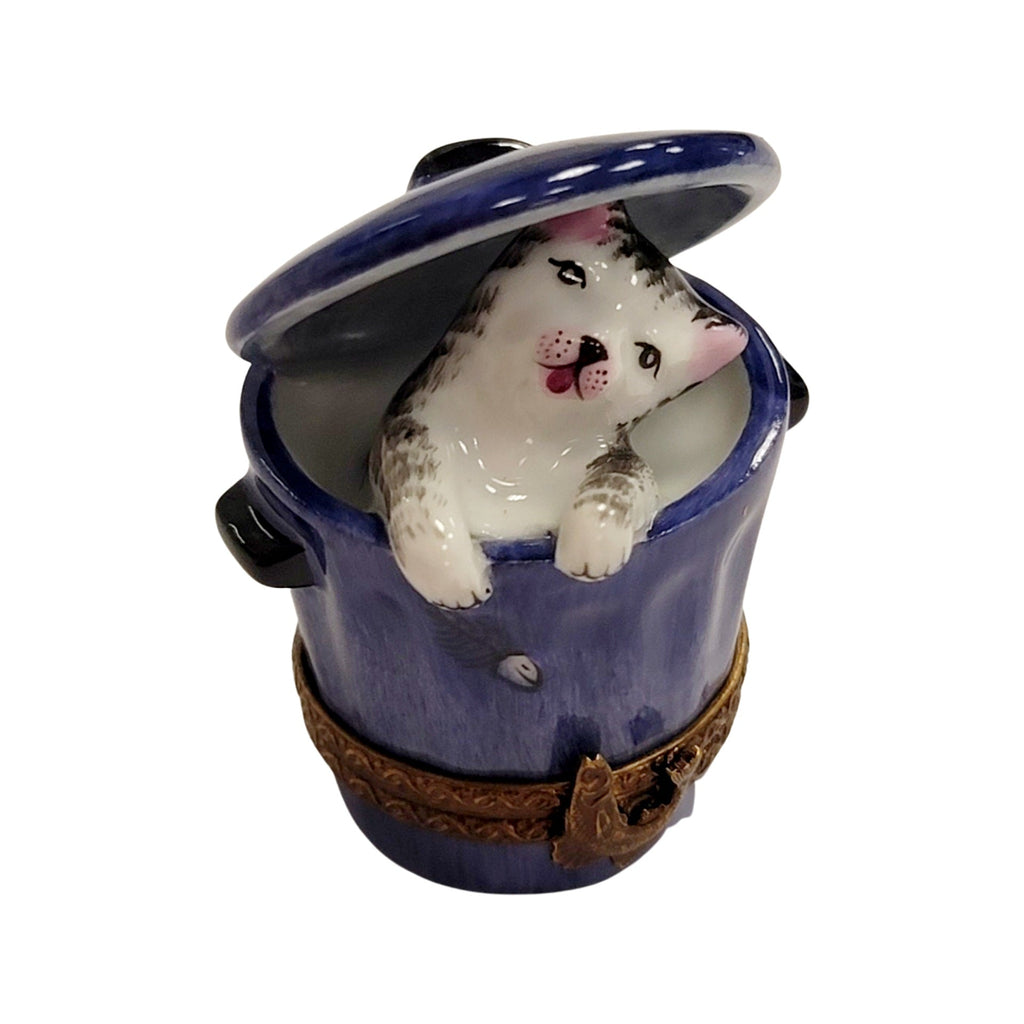 Cat in Blue Trashcan Limoges Box Figurine, view 5