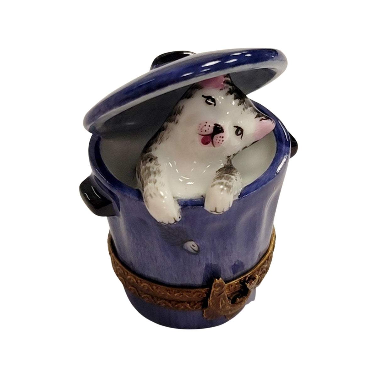 Fine art lovers will admire this Cat in Blue Trashcan Limoges box