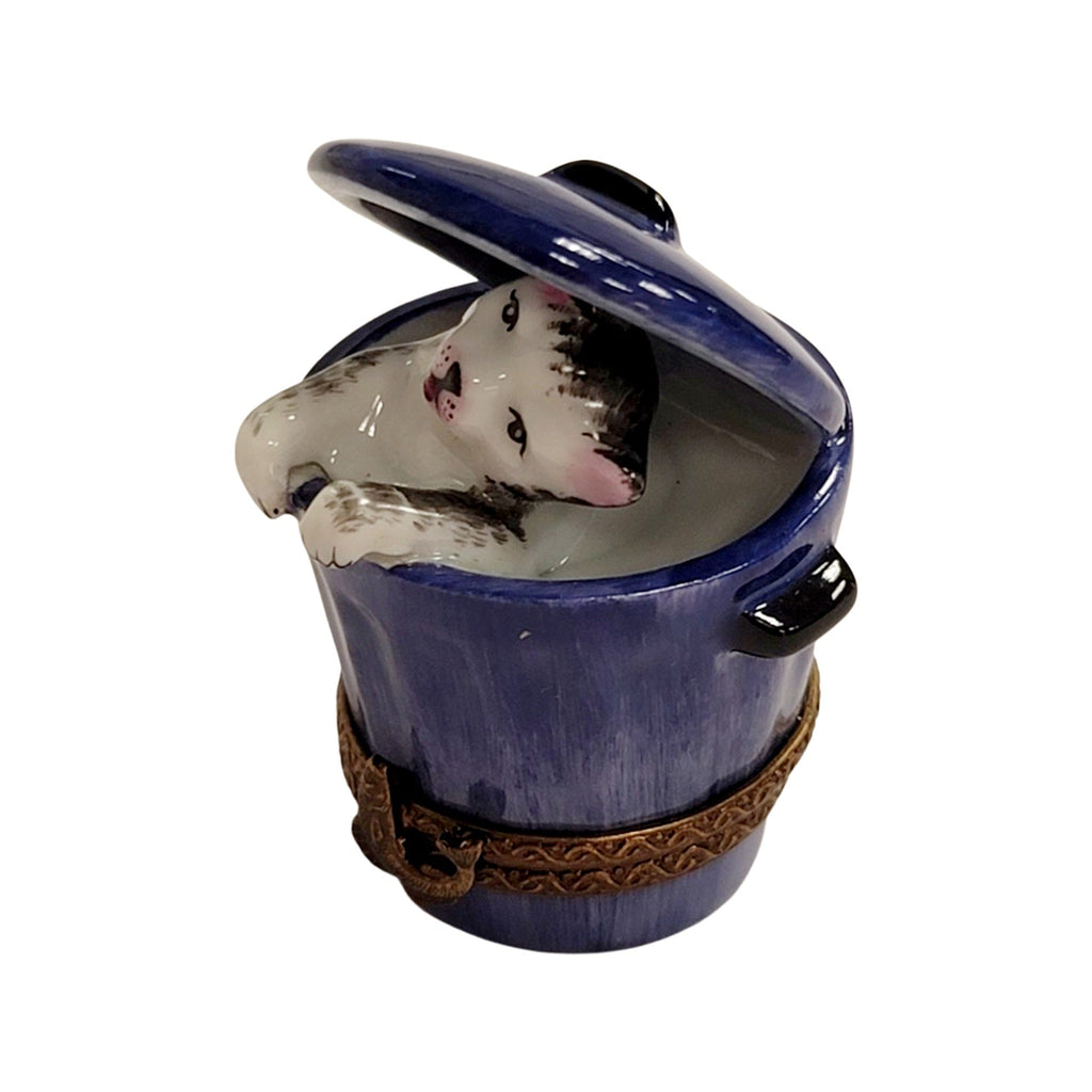 Cat in Blue Trashcan Limoges Box Figurine, view 6