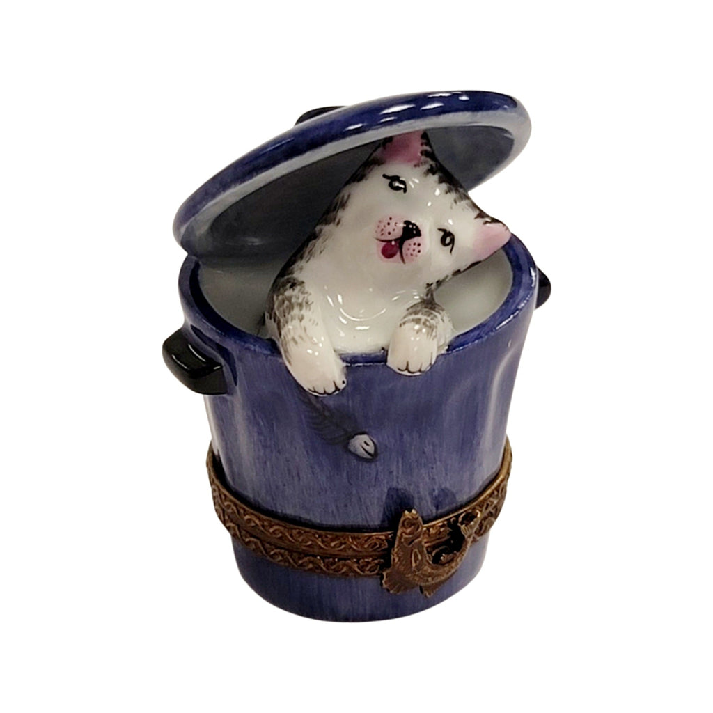 Cat in Blue Trashcan Limoges Box Figurine, view 7