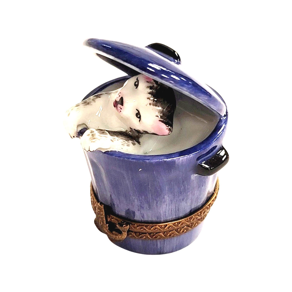 Cat in Blue Trashcan Limoges Box Figurine, a hand-painted Limoges porcelain gift