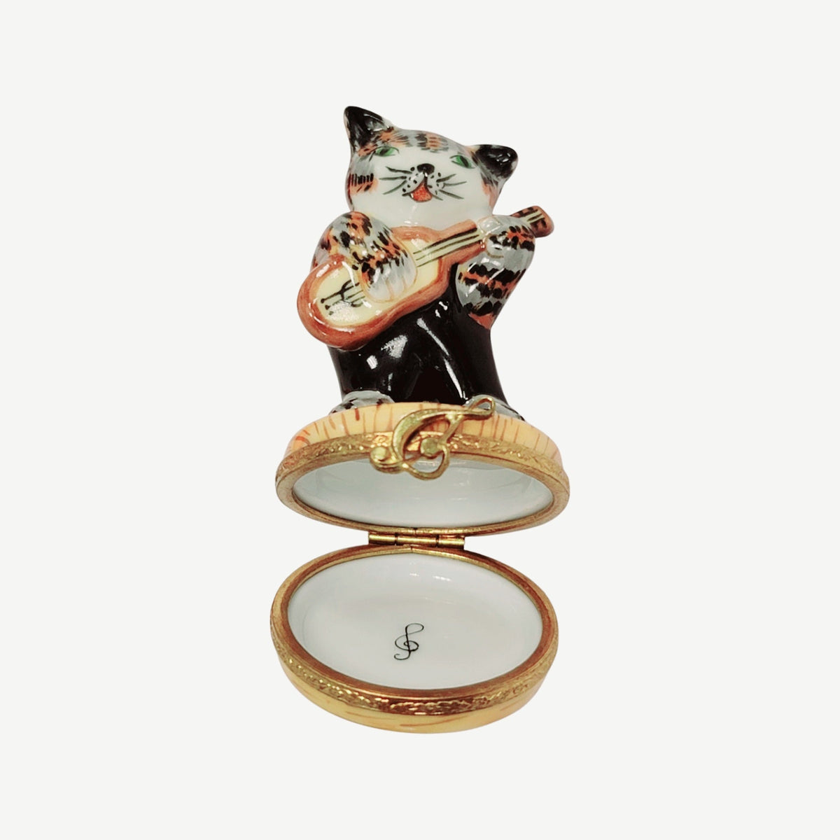 Fine French craftsmanship on the Cat Playing Guitar Limoges box, painted by hand