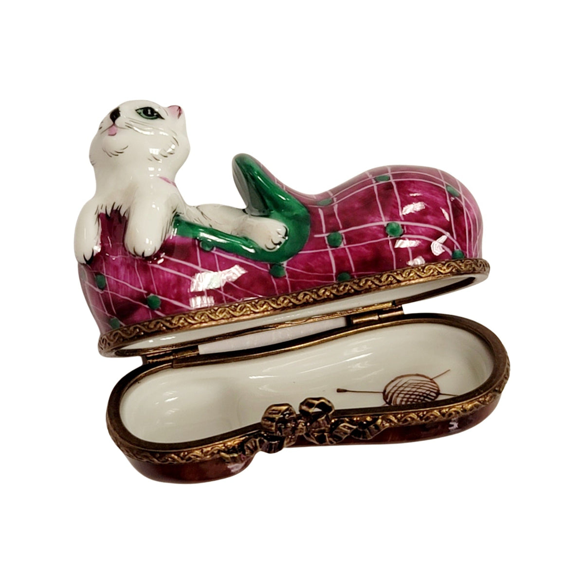 Collectible Cat in Slipper Limoges box with artisan brushwork