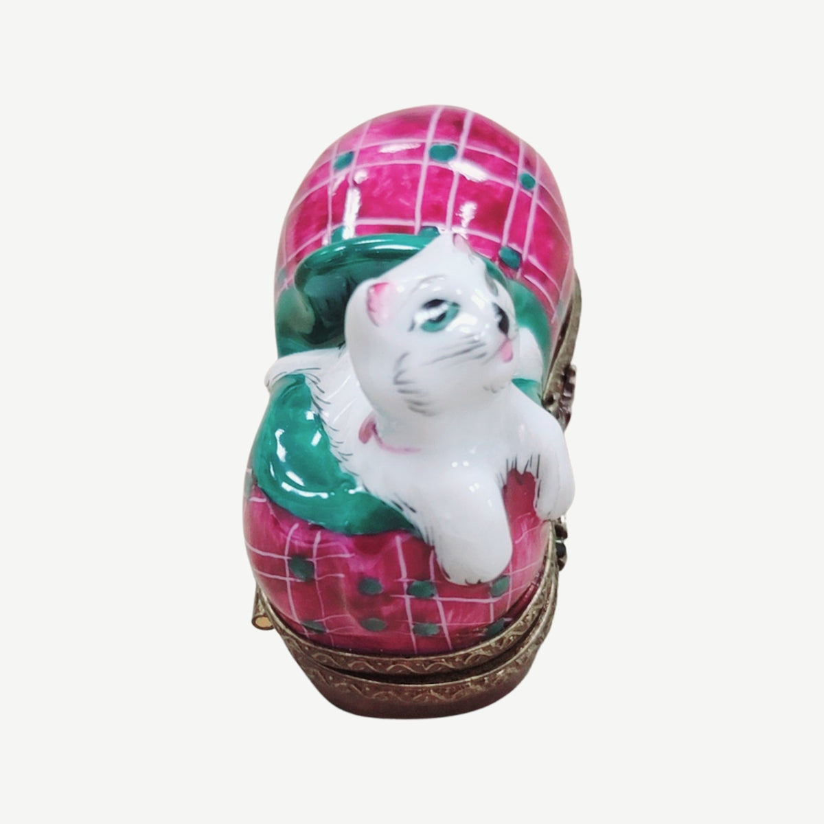 Fine French craftsmanship on the Cat in Slipper Limoges box, painted by hand