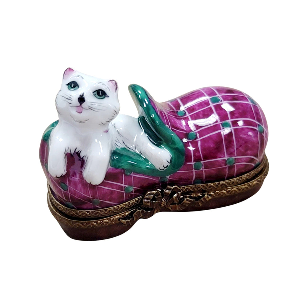 Painted details on the Cat in Slipper Limoges box, French art in miniature