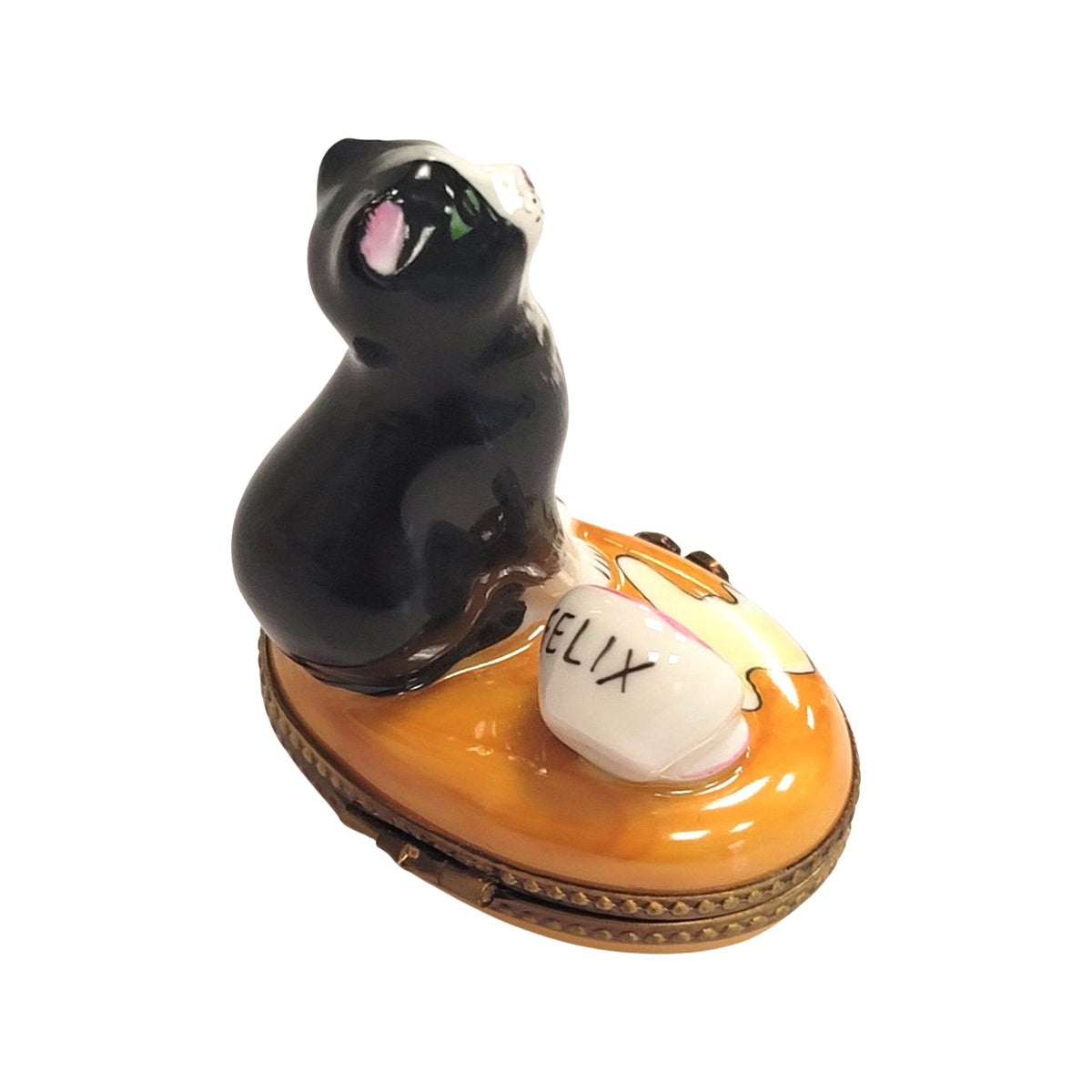 Painted details on the Cat Spilt Milk Limoges box, French art in miniature