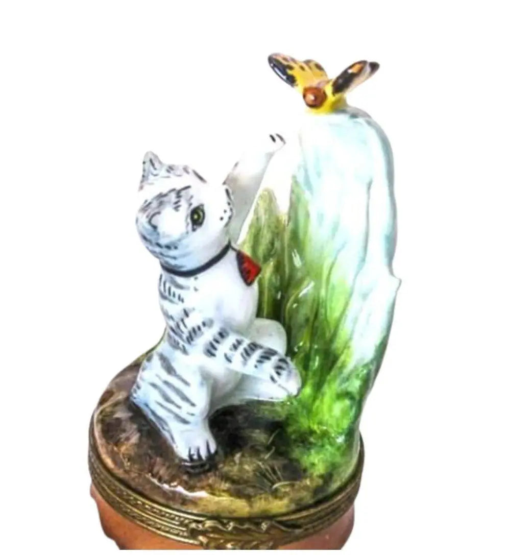 Cat and Butterfly Porcelain Limoges Porcelain Art Object Gift, view 4