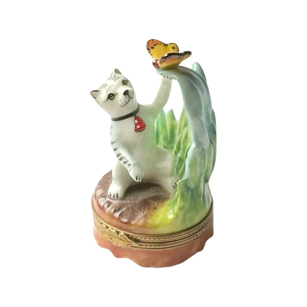 Cat and Butterfly Porcelain Limoges Porcelain Art Object Gift, a hand-painted Limoges porcelain gift