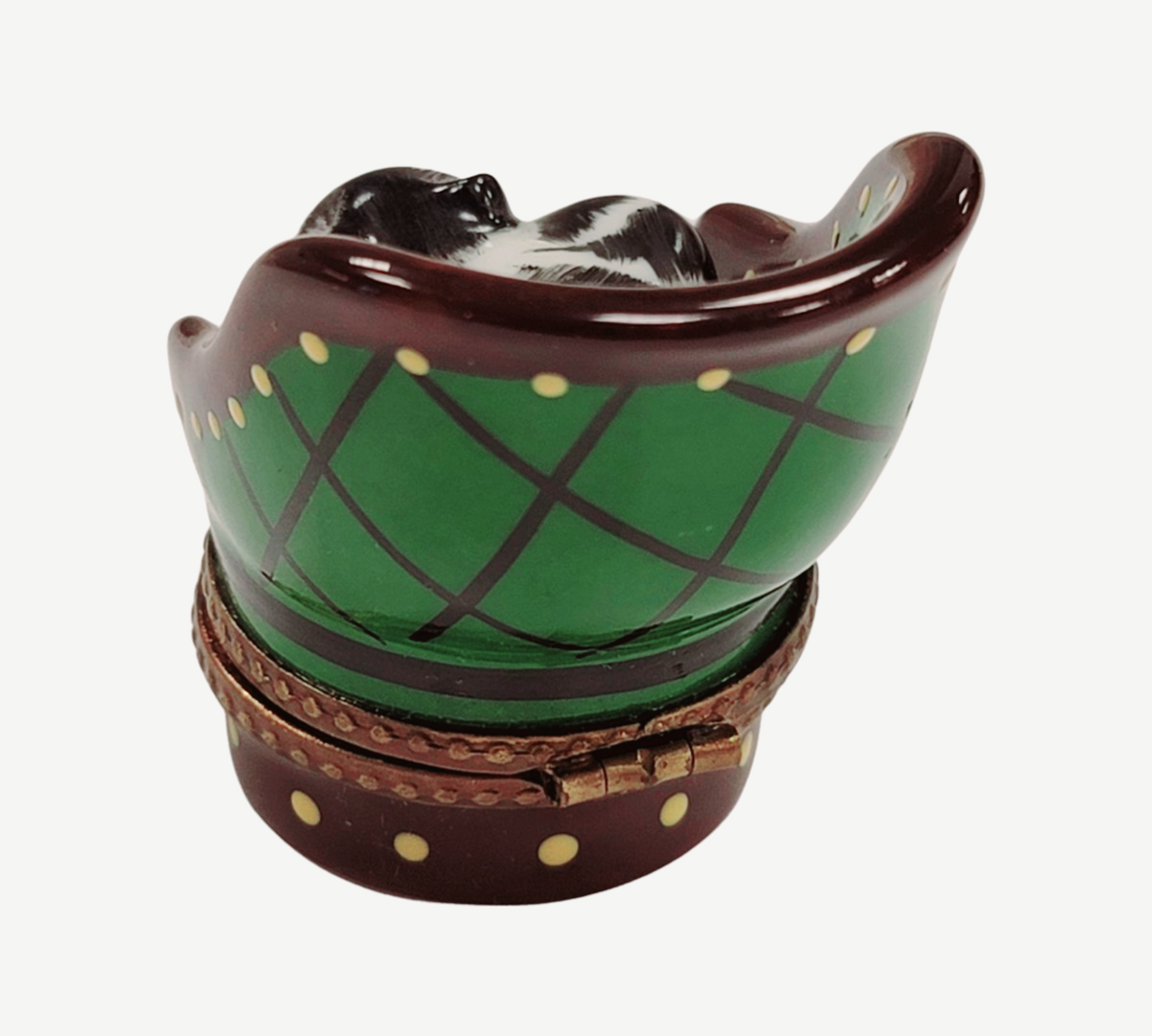 Painted details on the Cat in Green Chair Limoges box, French art in miniature