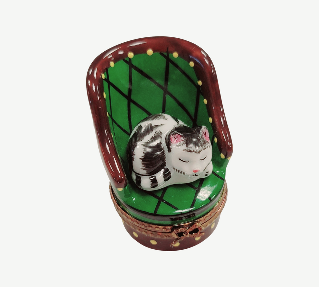 The painter's artistry shows on this Cat in Green Chair Limoges box