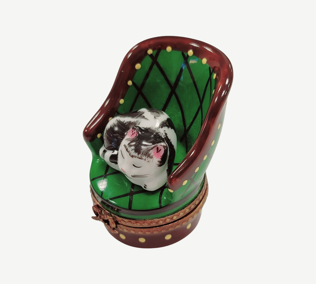 Treasured French collectible: Cat in Green Chair Limoges box, painted by hand