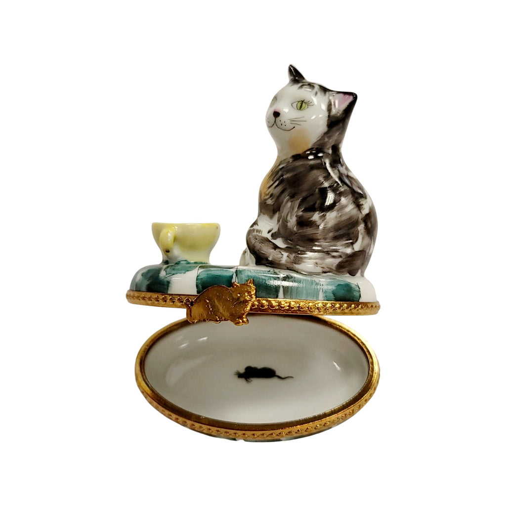 Cat with Yellow Cup Teacup Limoges box painted by hand in Limoges, France, a gift to treasure
