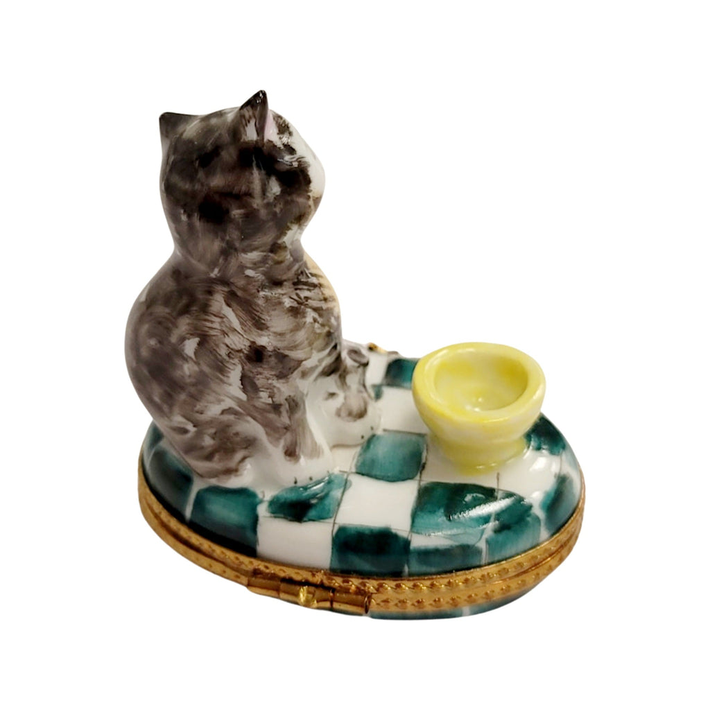 Collectible Cat with Yellow Cup Teacup Limoges box with artisan brushwork