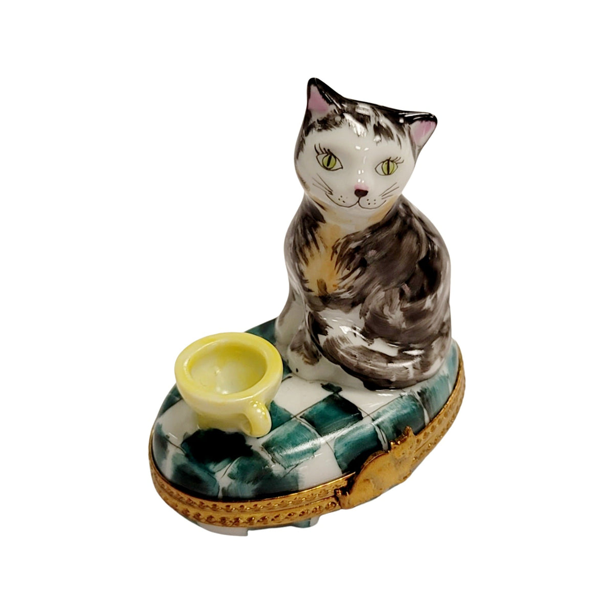 Genuine Cat with Yellow Cup Teacup Limoges box painted by hand in France, from Limoges Boutique