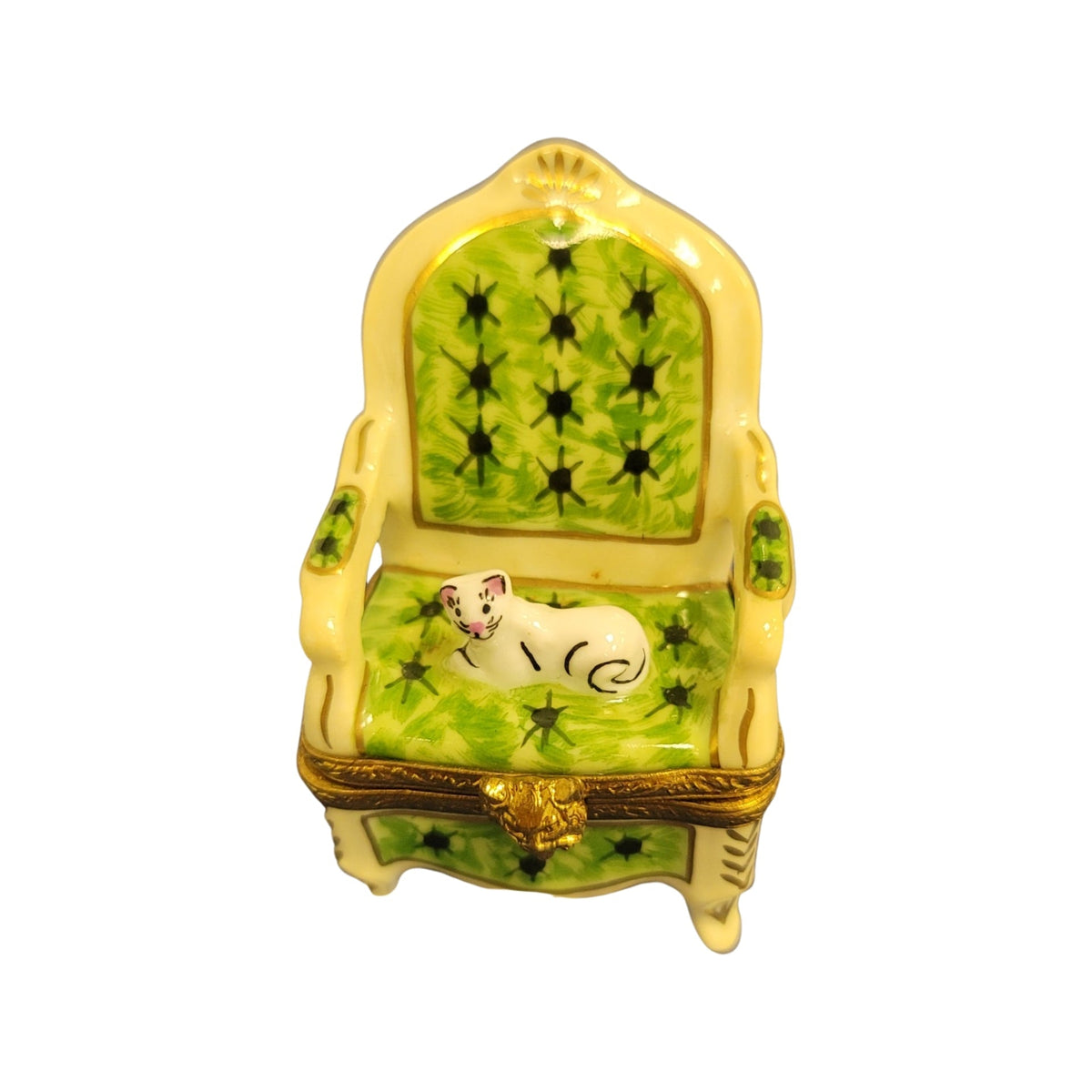 Collectible Cat on Green Chair Limoges box with artisan brushwork