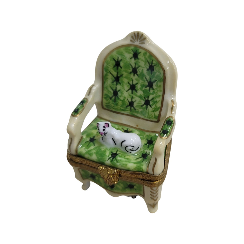 Cat on Green Chair for Cat Lovers, a hand-painted Limoges porcelain gift