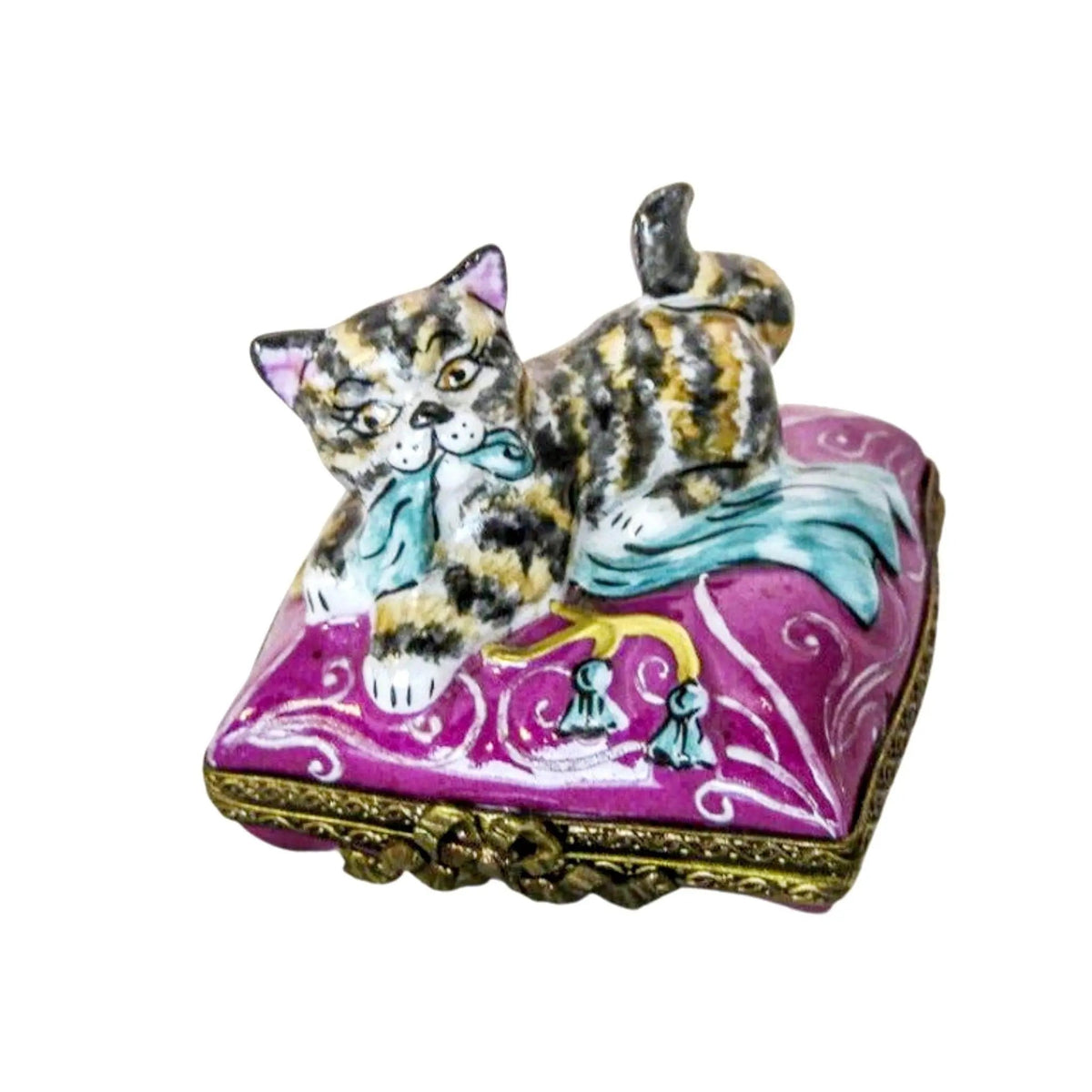 Genuine Cat on Pink Pillow Limoges box painted by hand in France, from Limoges Boutique