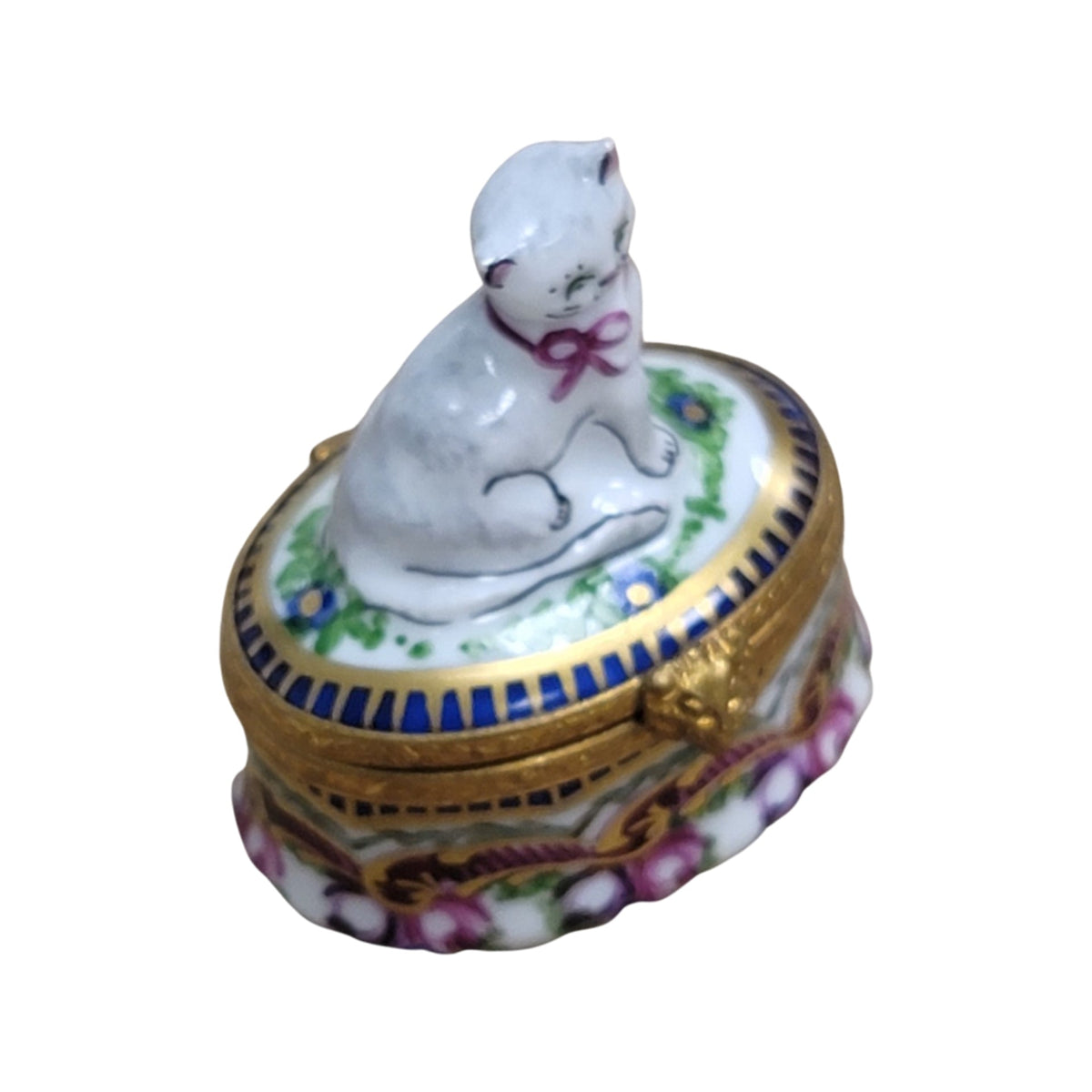 Painted details on the Cat Sevre Roses Base Cat Limoges box, French art in miniature