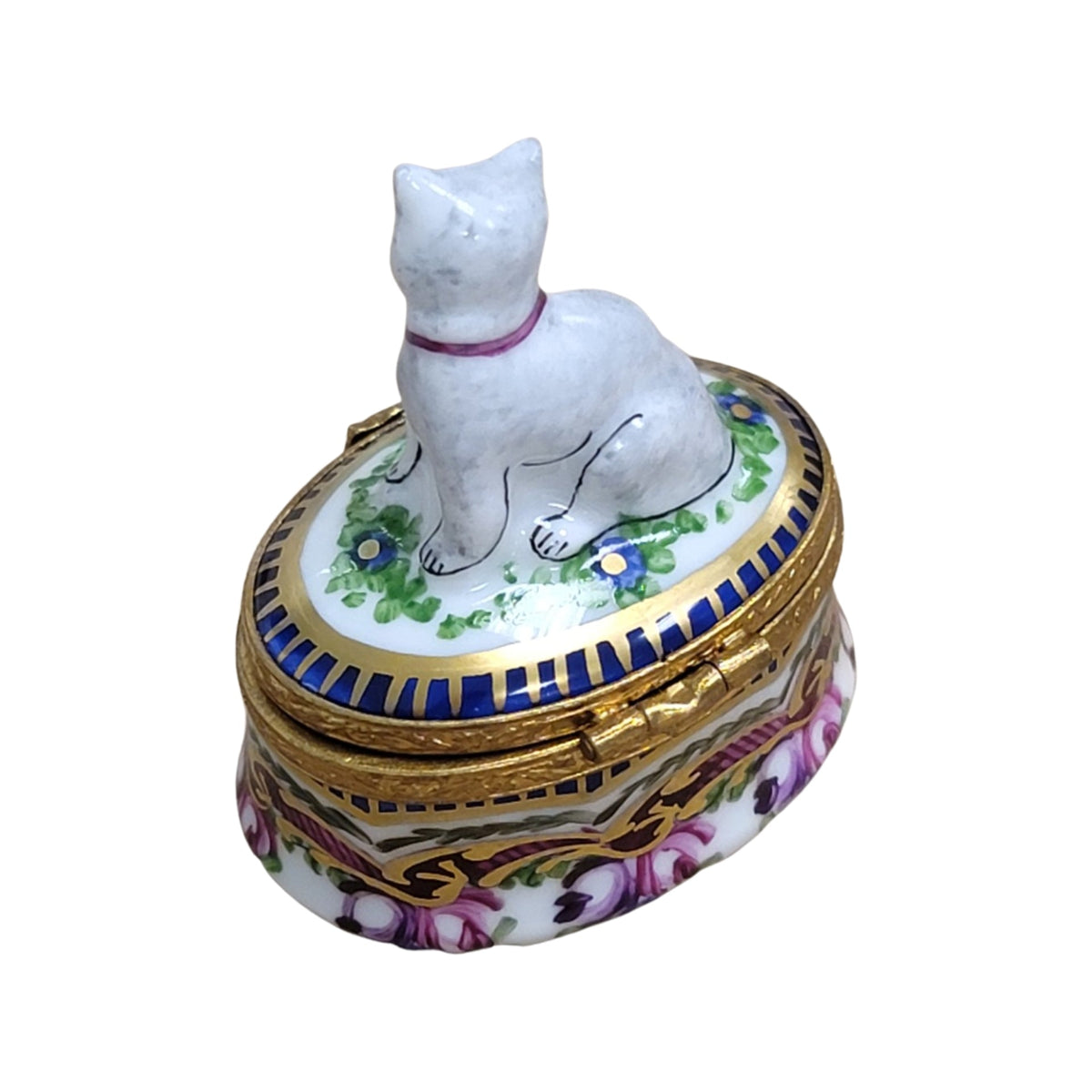 Artisan-painted Cat Sevre Roses Base Cat Limoges box from France, a cherished collectible