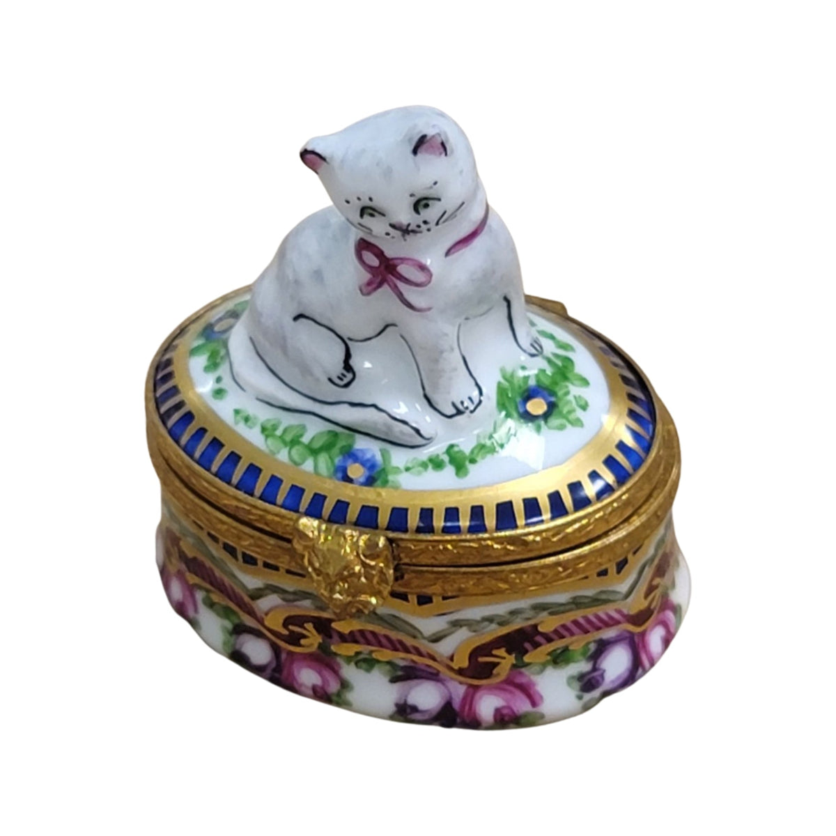 Authentic Cat Sevre Roses Base Cat Limoges box, hand-painted in France, from Limoges Boutique