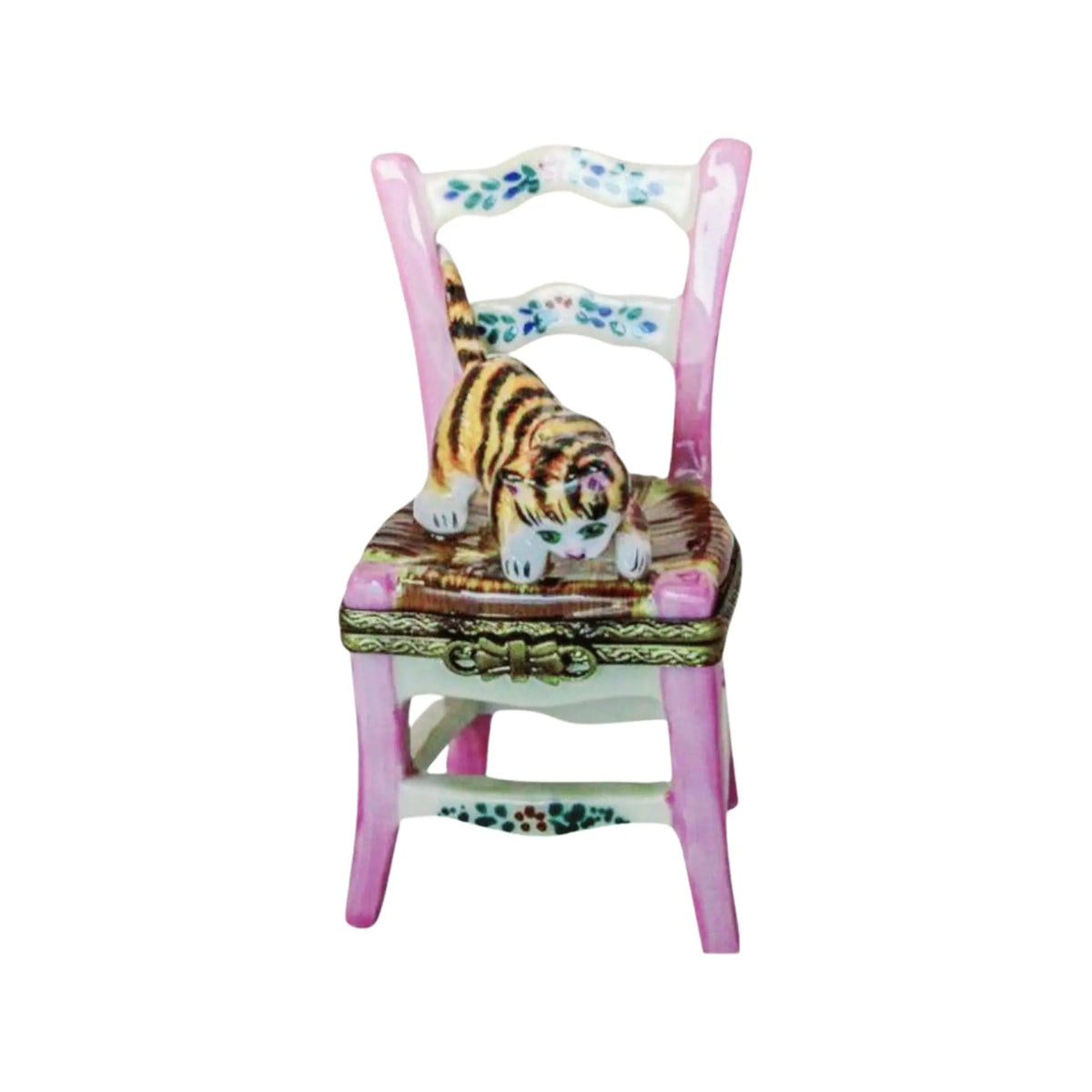 Limoges Boutique presents the Cat Playing on Chair, a genuine Limoges box painted by hand in France