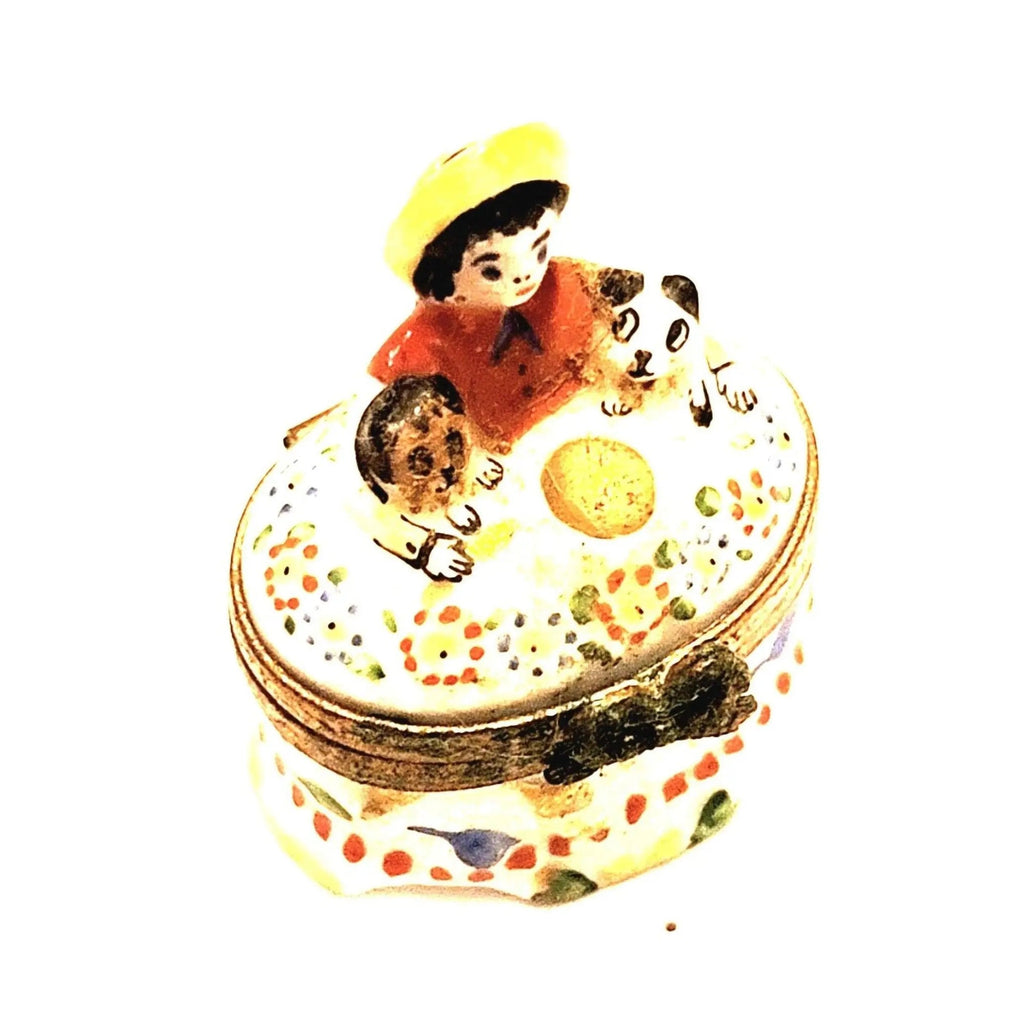 Small French Boy with Puppies Limoges Box Figurine, a hand-painted Limoges porcelain gift