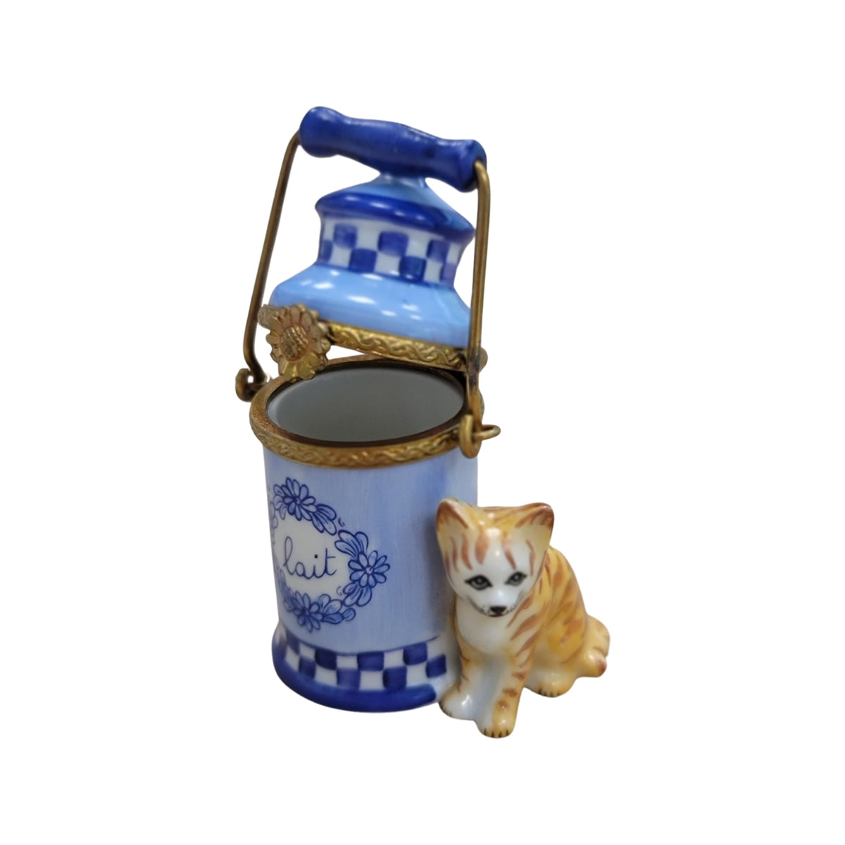Fine French craftsmanship on the Cat with Milk Jug Limoges box, painted by hand