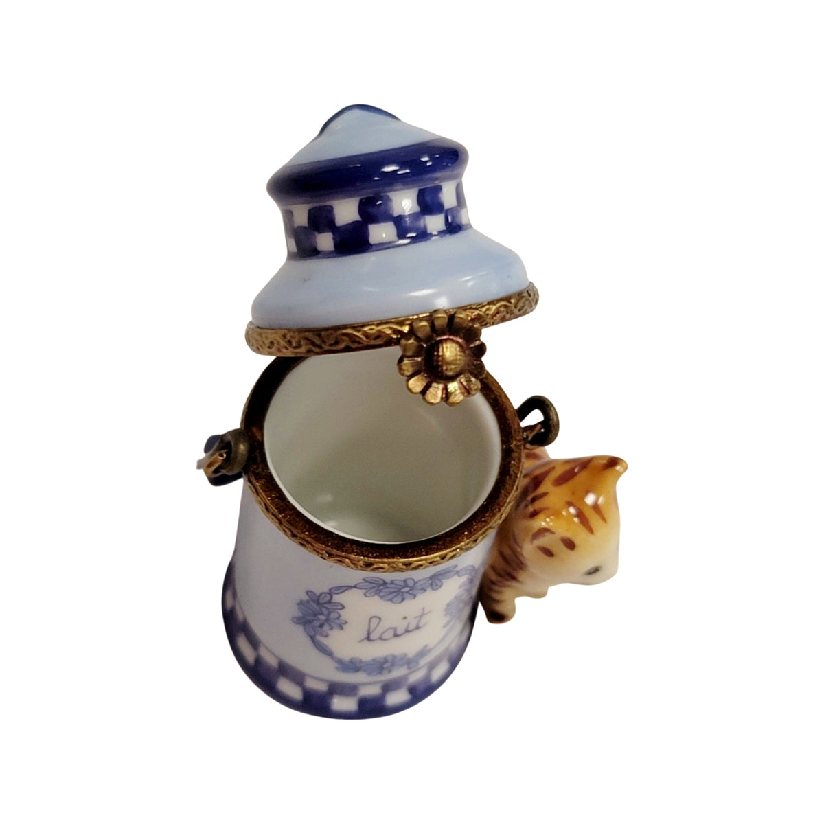 Painted details on the Cat with Milk Jug Limoges box, French art in miniature