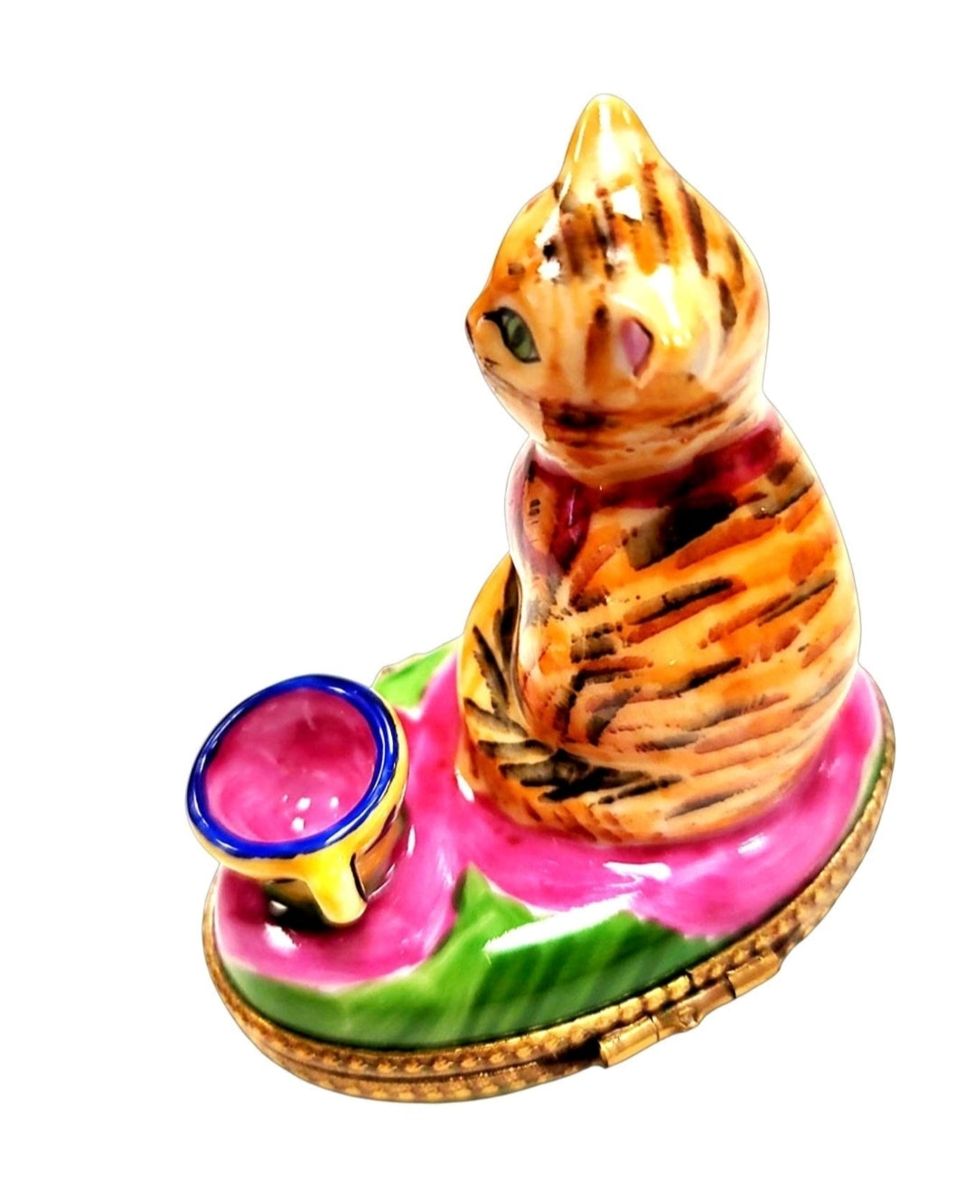 Fine French craftsmanship on the Cat with Pink Cup Limoges box, painted by hand