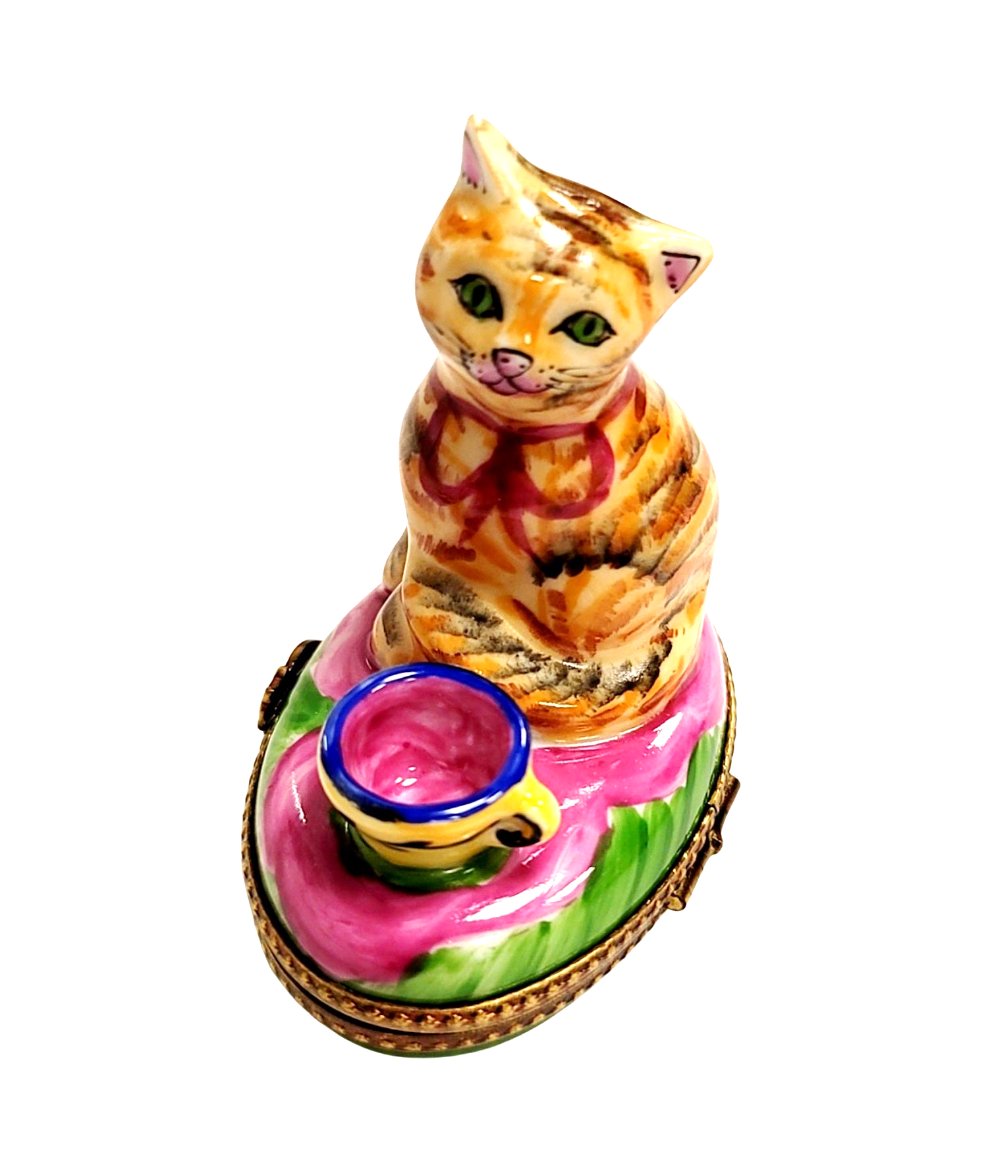 Cat with Pink Cup Limoges box painted by hand in Limoges, France, a gift to treasure
