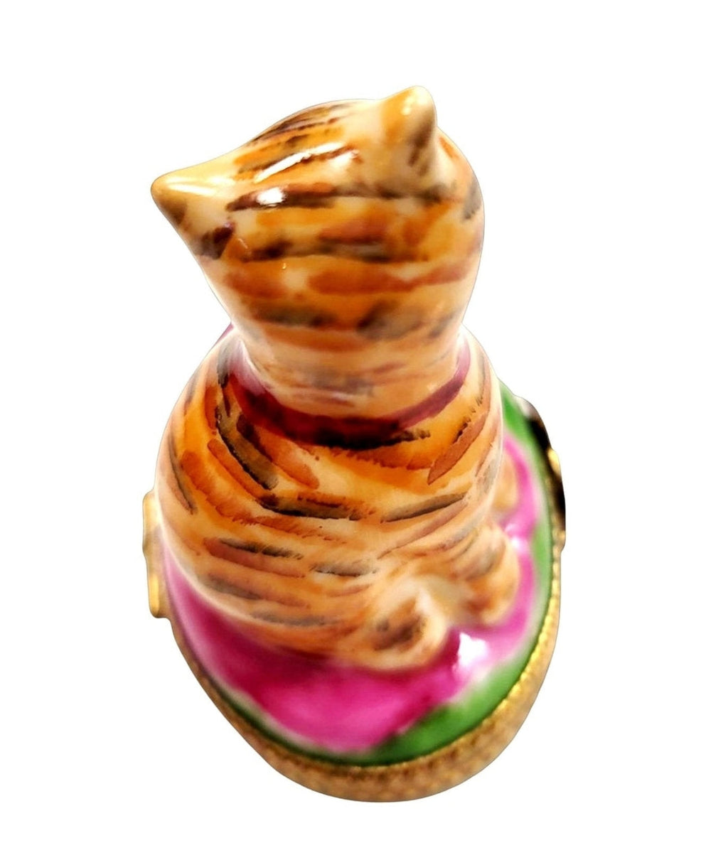 Collectible Cat with Pink Cup Limoges box with artisan brushwork
