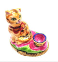 Authentic Cat with Pink Cup Limoges box, hand-painted in France, from Limoges Boutique