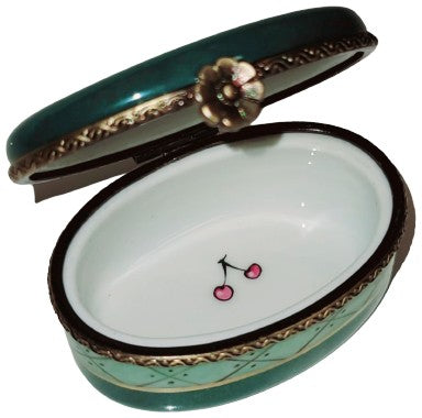 Cherries on Green Oval Limoges Porcelain Box, view 2