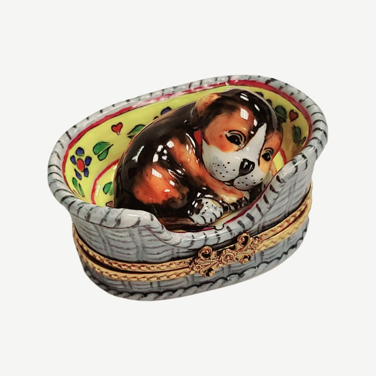 Fine art lovers will admire this Dog in Basket Limoges box