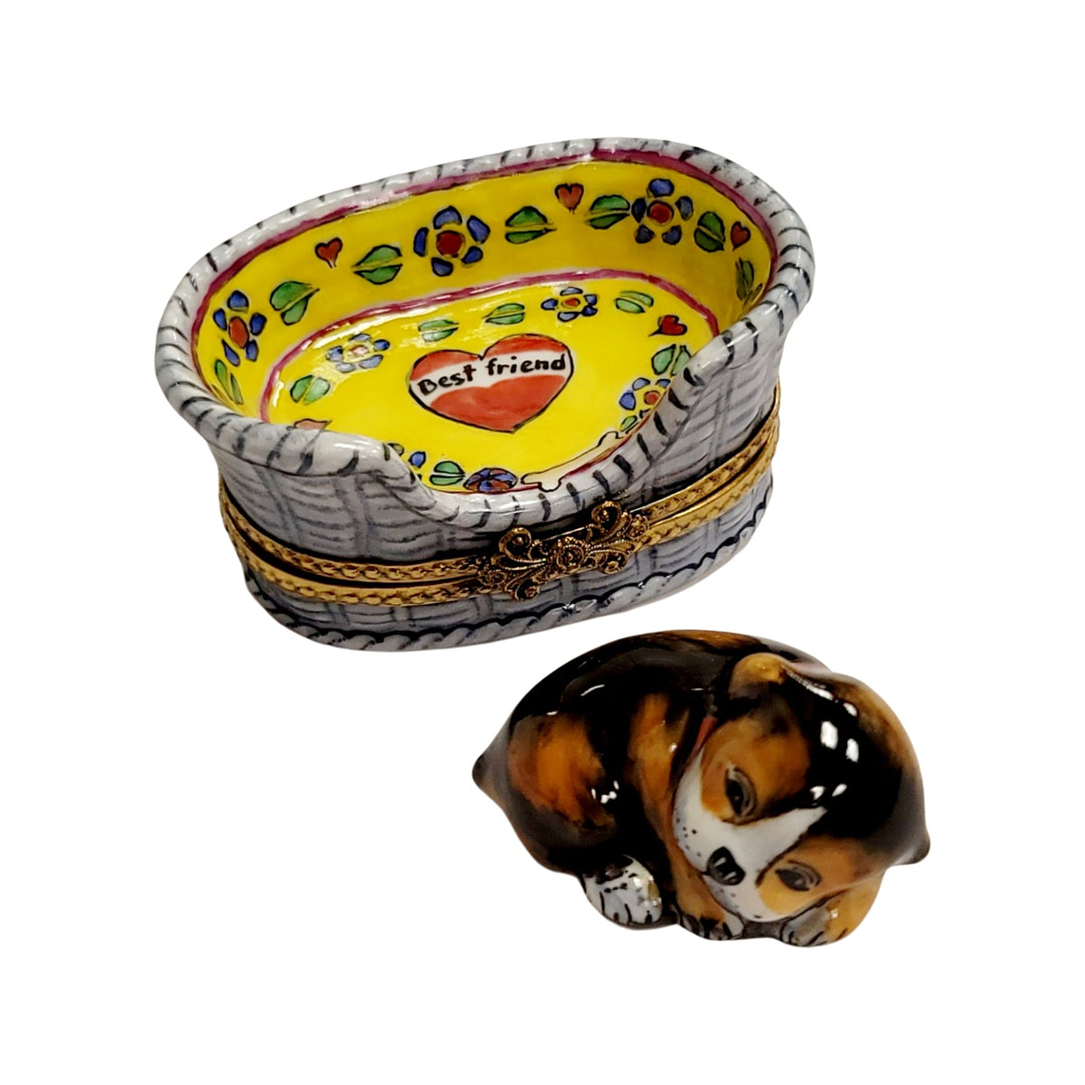 Hand-painted Dog in Basket Limoges box, French artistry for lovers of fine art