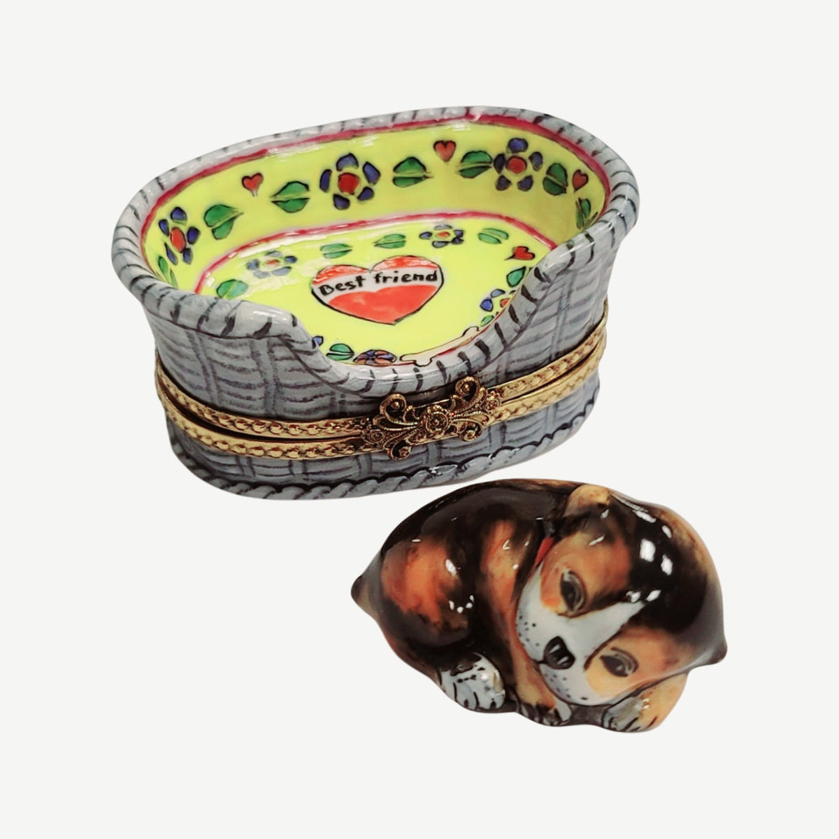 Dog in Basket Limoges box painted by hand in Limoges, France, a gift to treasure