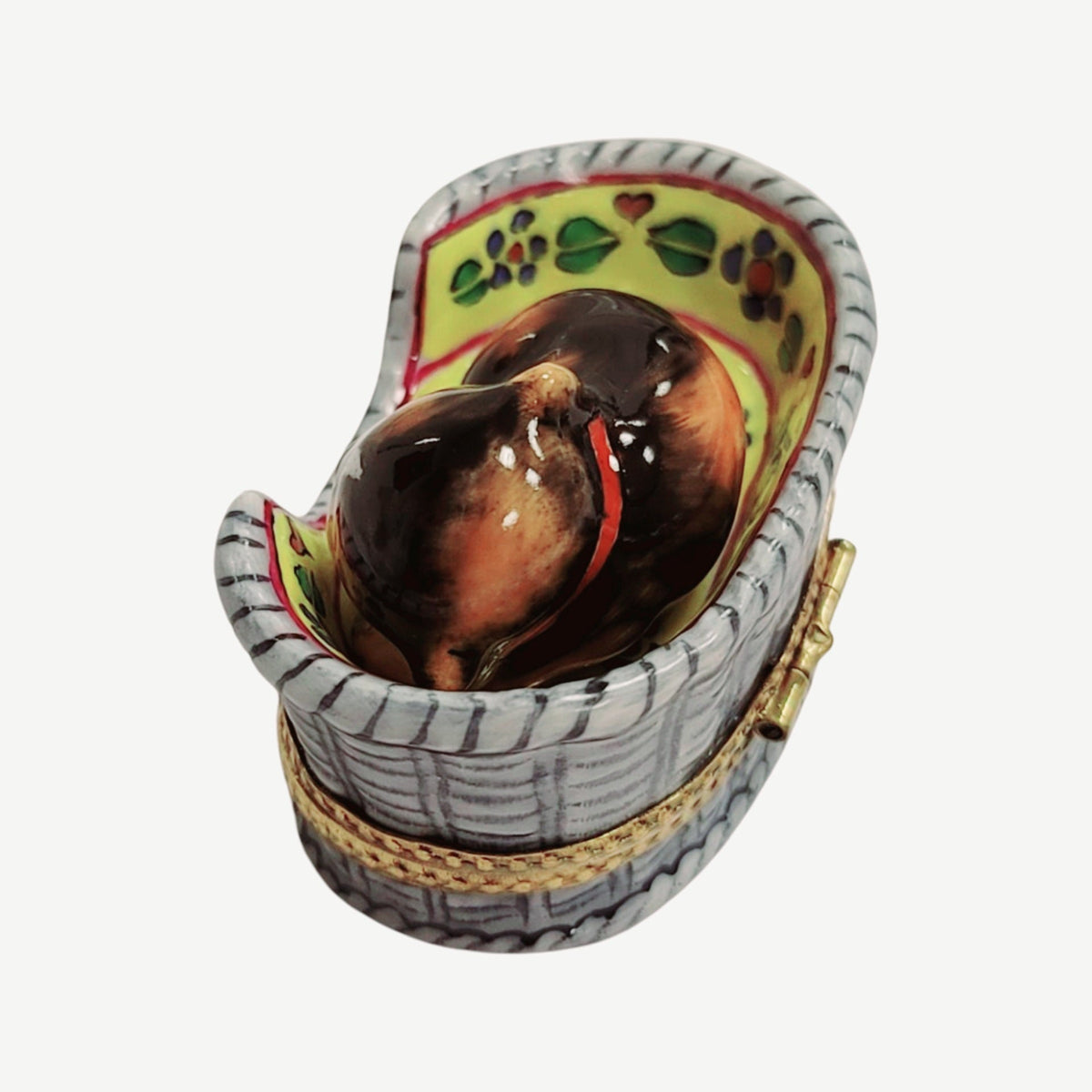 Collectible Dog in Basket Limoges box with artisan brushwork